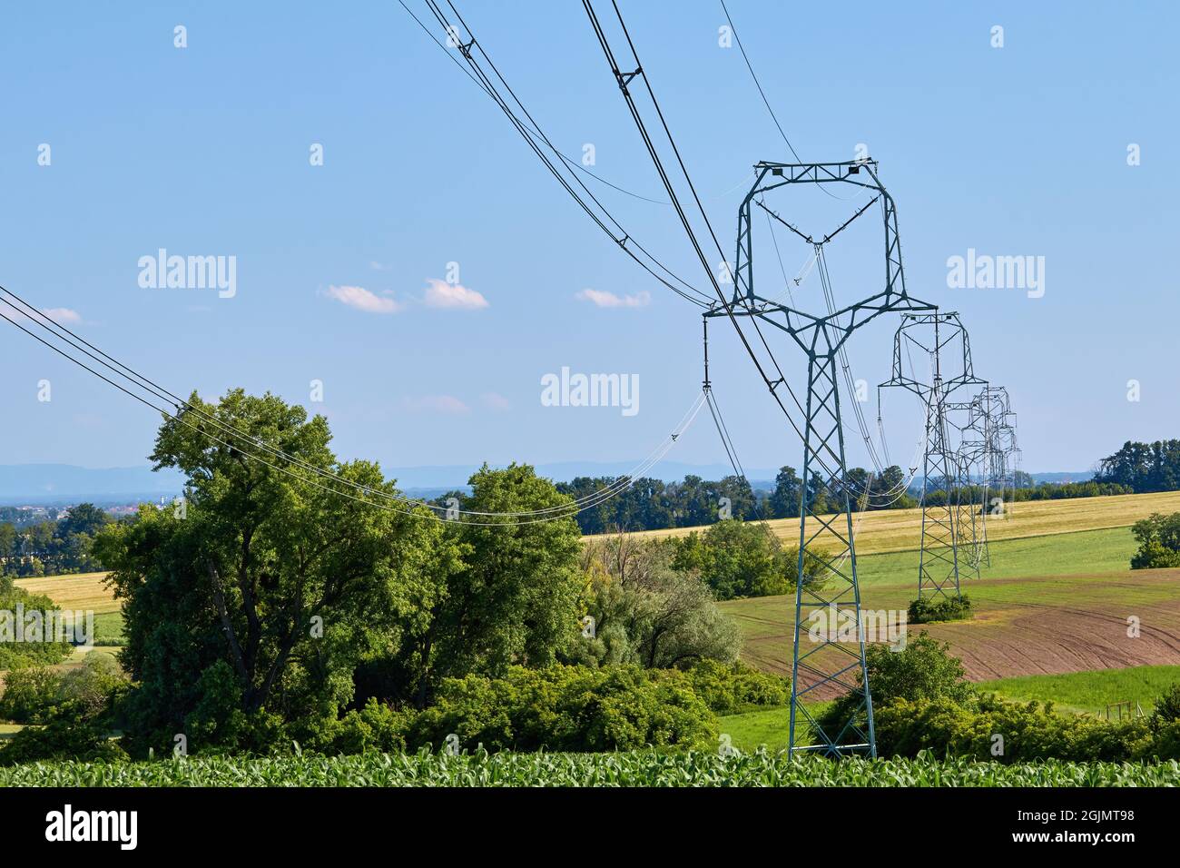 view of high power poles with electric wires in agricultural landscape in South Moravia, Czech Republic under summer blue sky Stock Photo