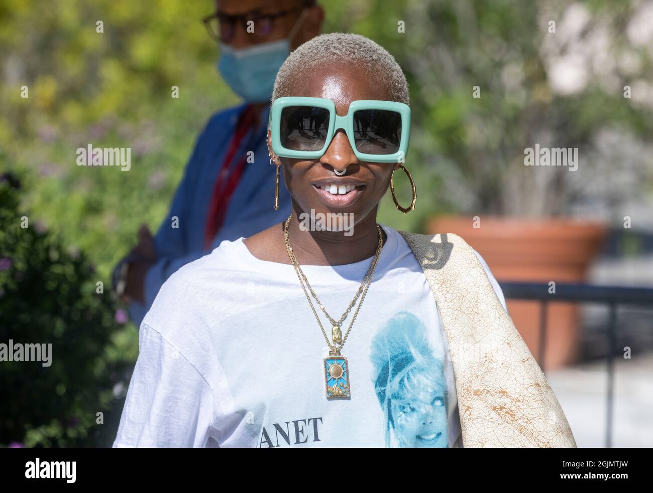 Cynthia Erivo, actress singer and songwriter, arrives at The Excelsior Hotel in Venice at the 78th Film Festival. Stock Photo