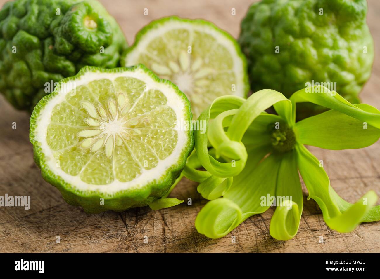 Fresh Bergamot Fruit With Cut In Half On Wooden Background Stock Photo 