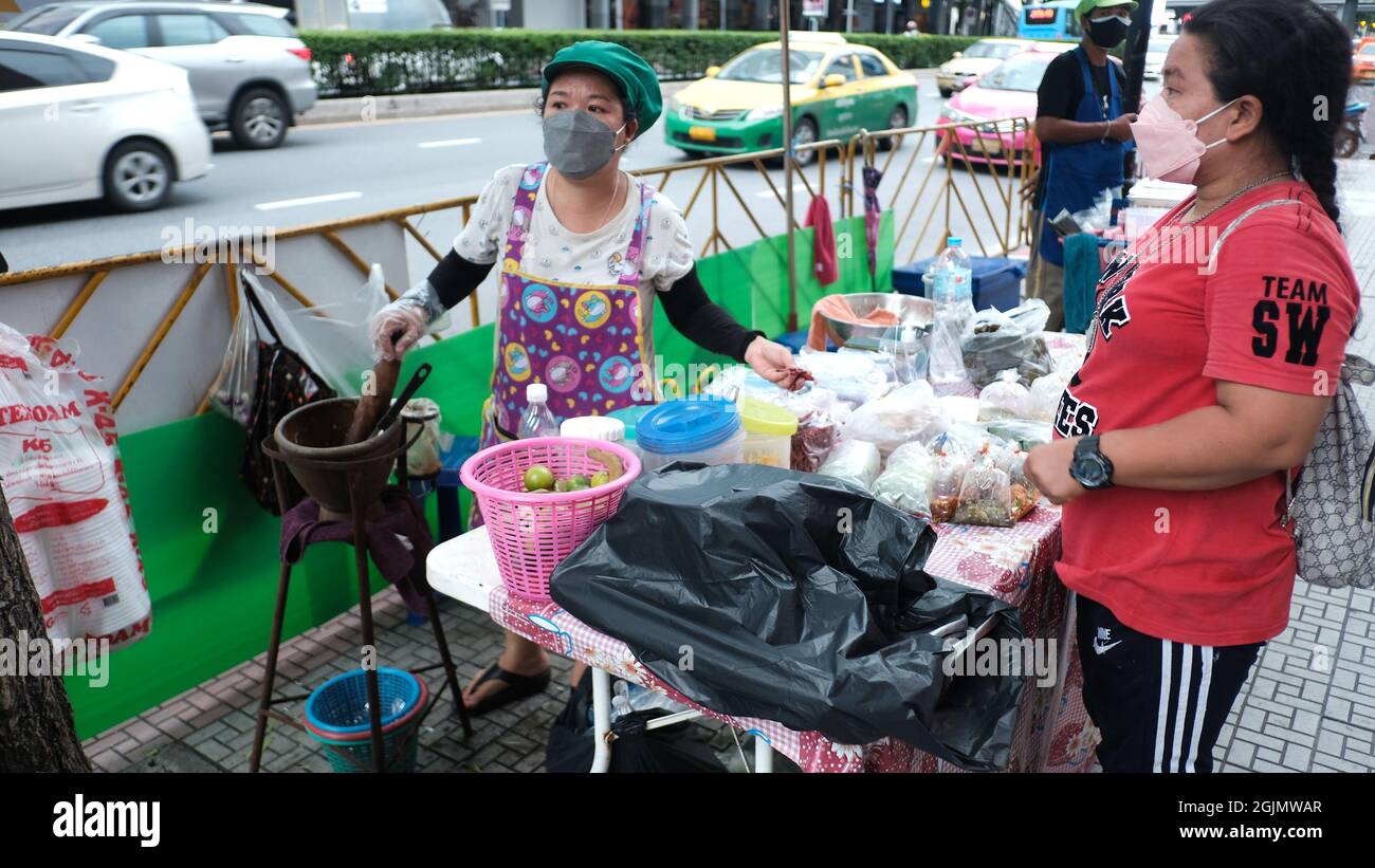 Sidewalk Street Food Vendor Buyer and Seller Bangkok Thailand Stock Photo