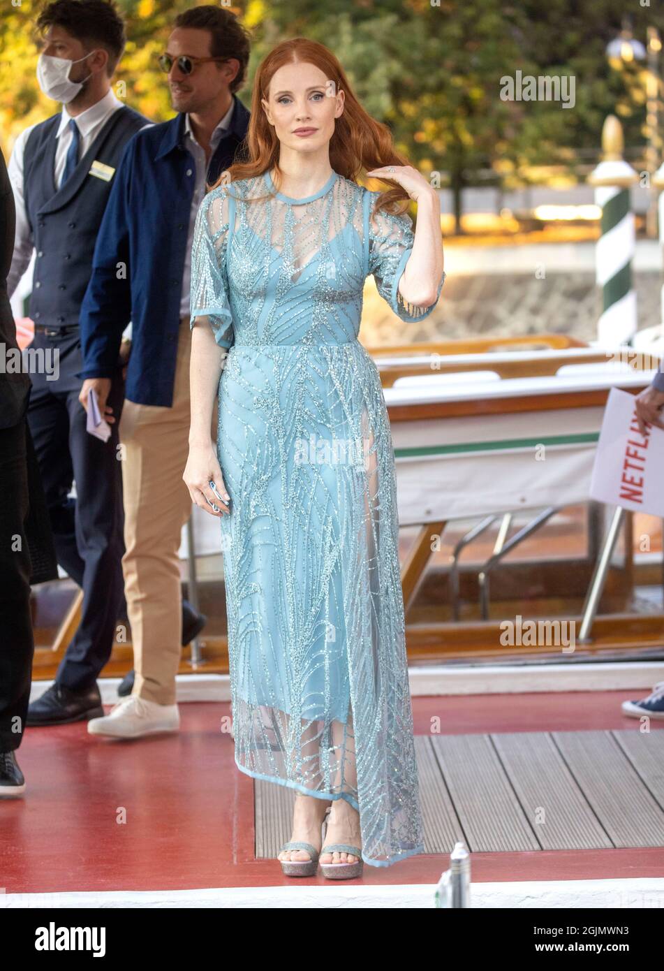 Jessica Chastain, actress and producer, arrives at the Excesior Hotel in Venice for the78th Venice Film Festival. Stock Photo