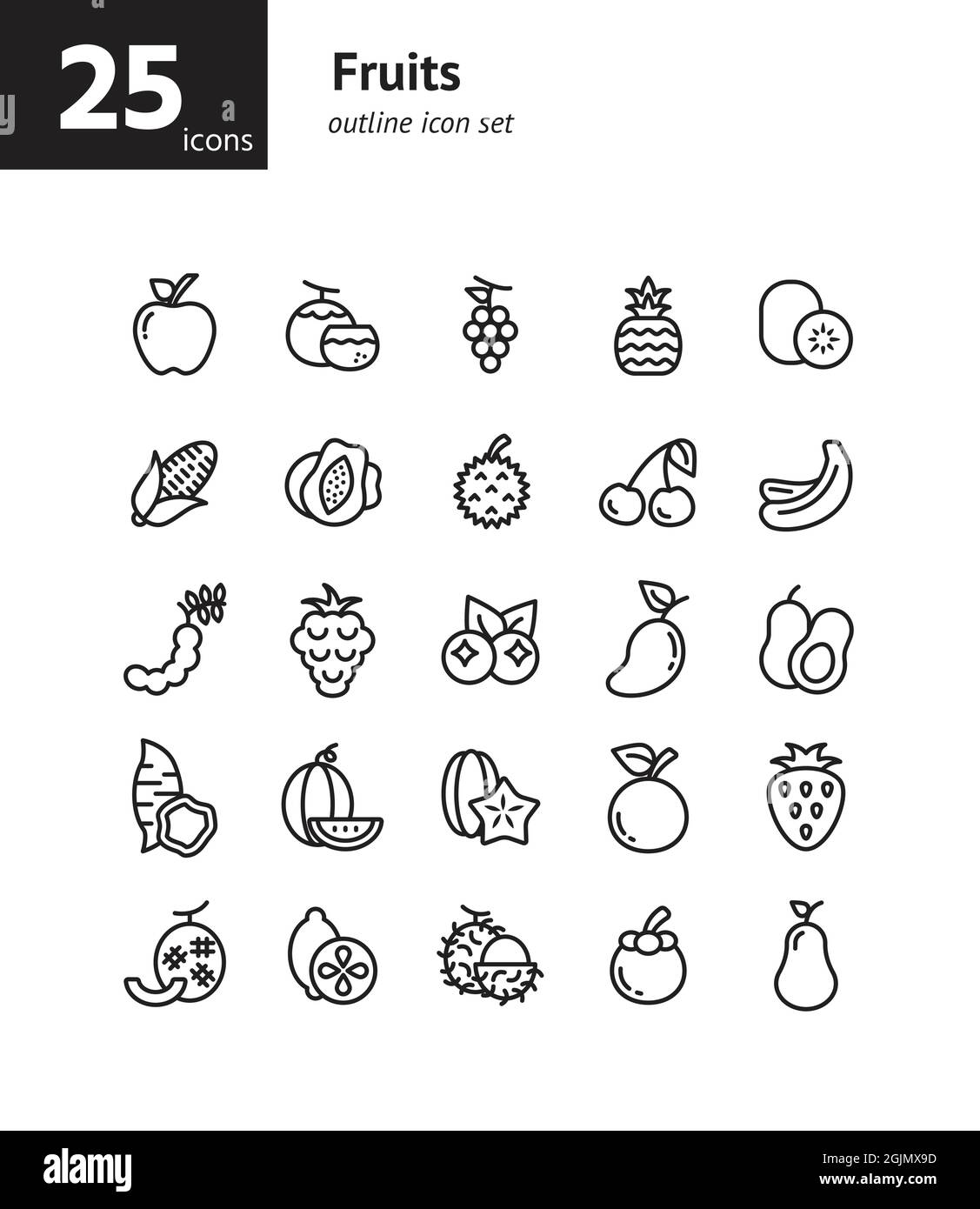 Fruits outline icon set. Vector and Illustration. Stock Vector