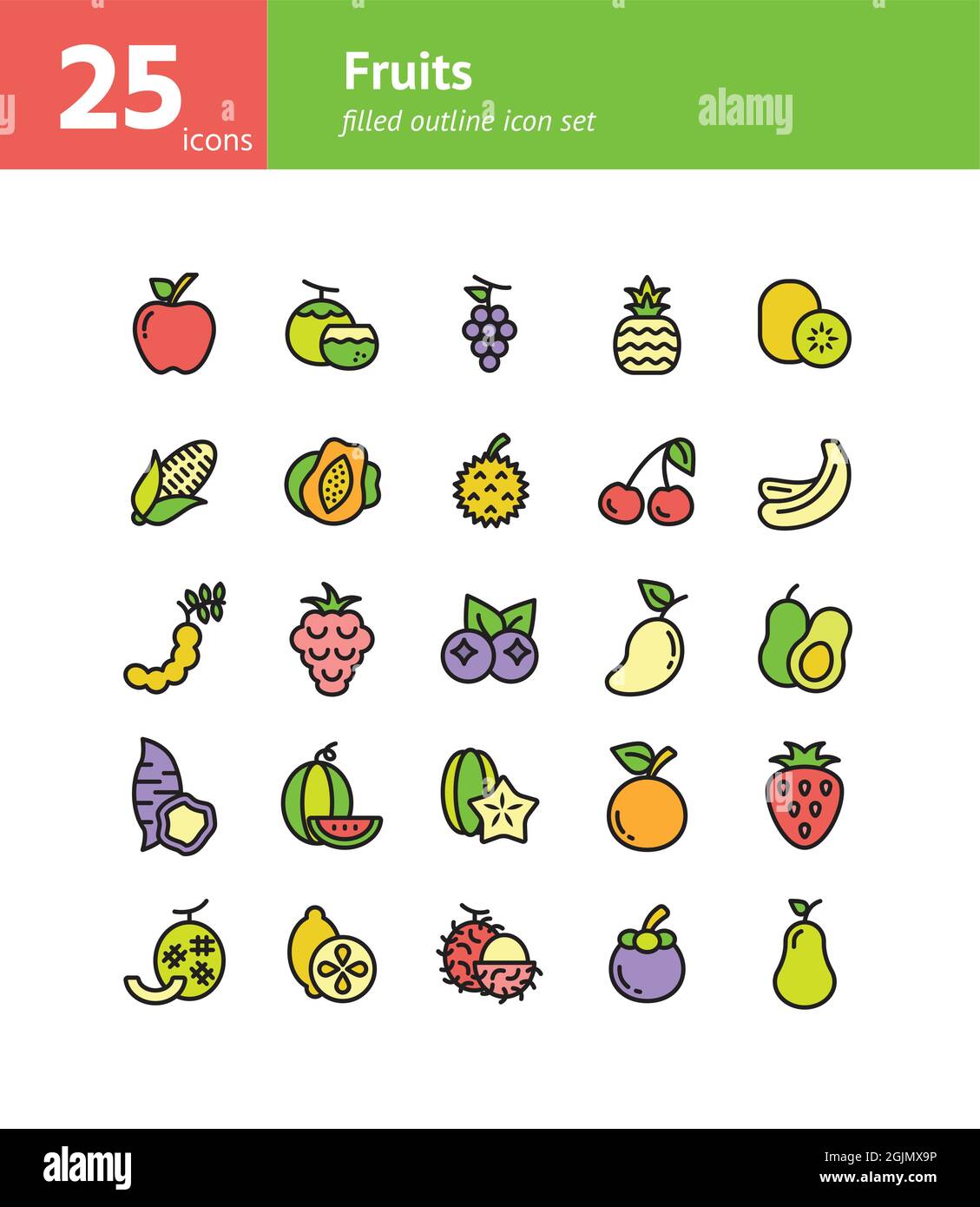 Fruits filled outline icon set. Vector and Illustration. Stock Vector