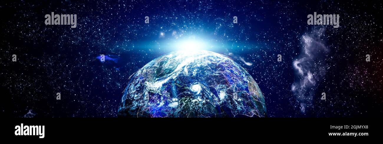 Earth cryptocurrency and blockchain and IoT.Communication technology for internet business. Global network with telecommunication on earth.Elements of Stock Photo