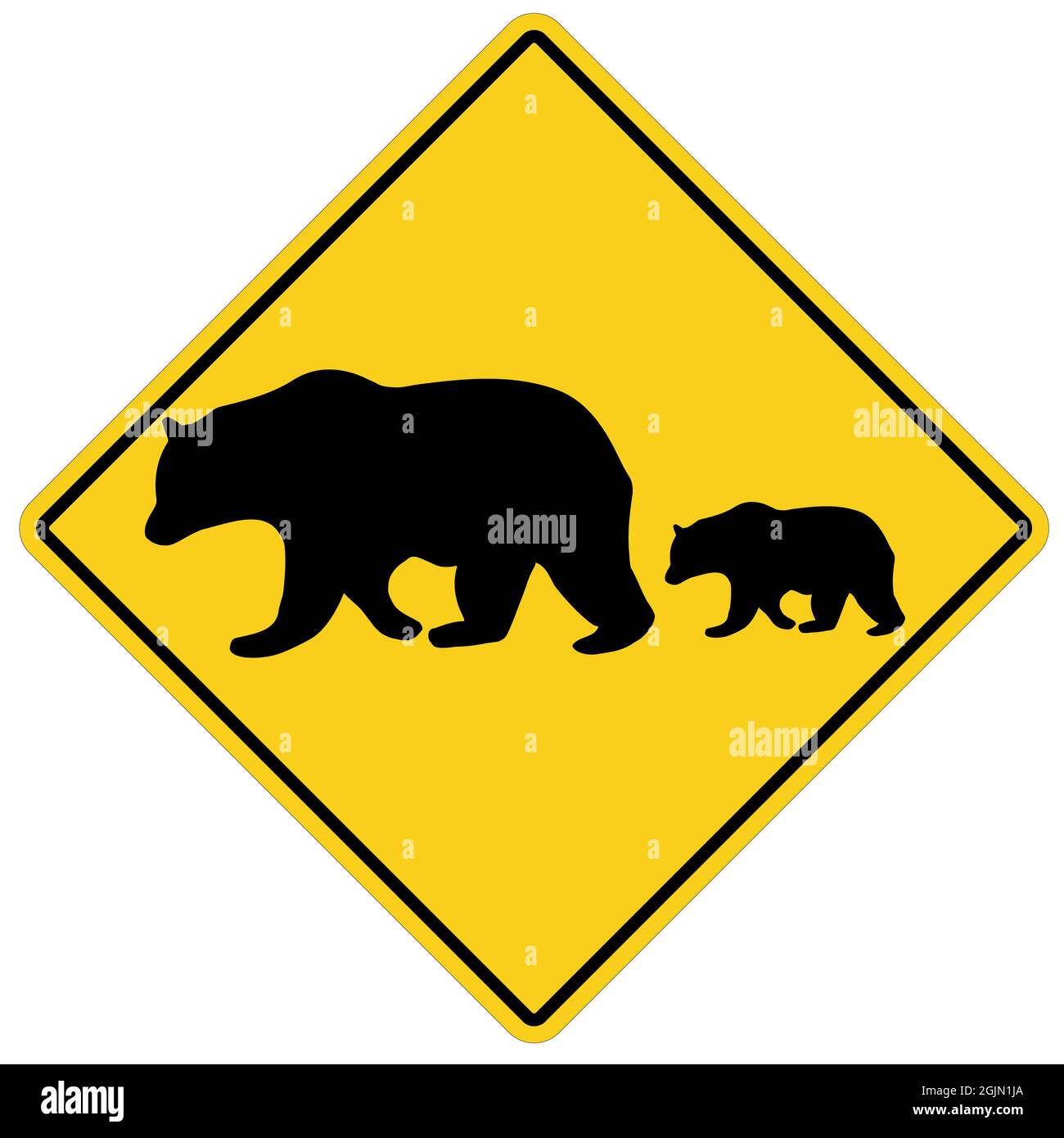 Bear Crossing on white background. yellow road sign attention animal bear sign. Bear warning symbol. flat style. Stock Photo