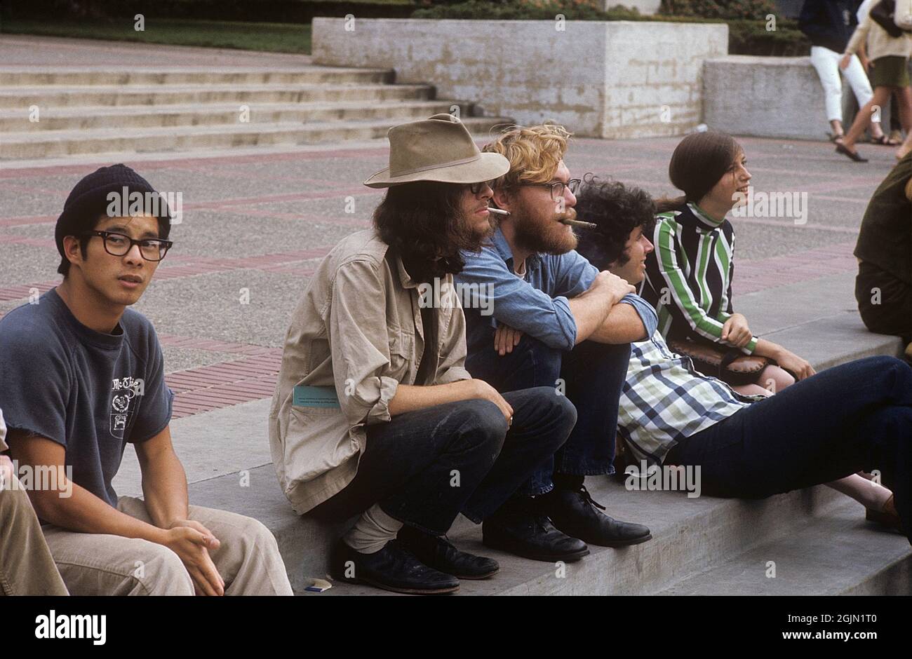 USA december 1968. Students at University of California Berkeley in typical 1968 clothes and looking as smoking pot. 6-1-19 Credit Roland Palm ref 6-1-12 Stock Photo