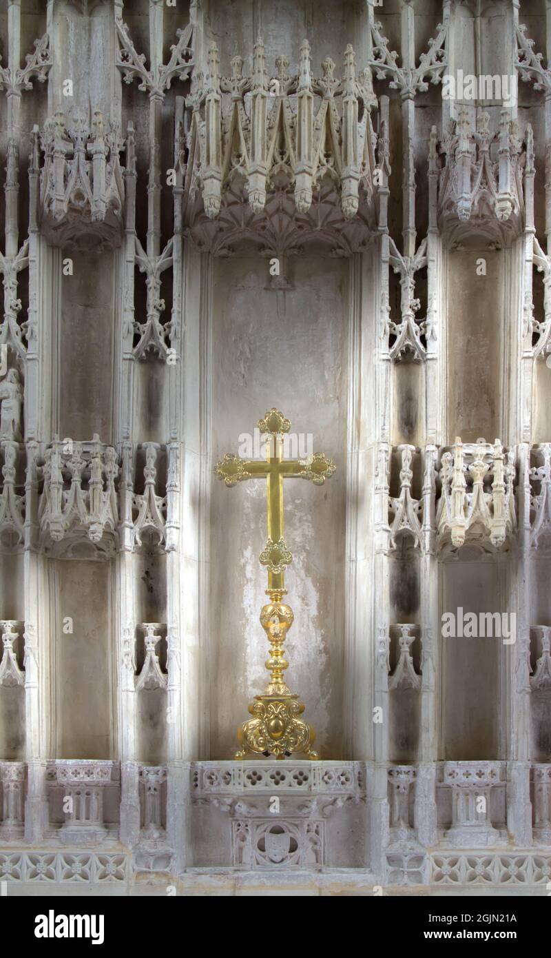 Brass Altar Cross In the Carved Limestone Altar In The 15th Century Lady Chapel, Christchurch Priory UK Stock Photo