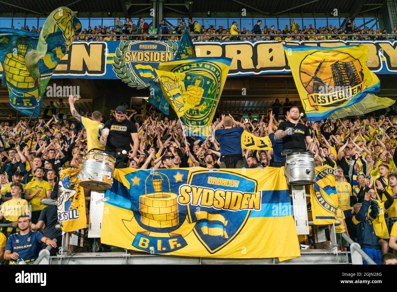 Brondby, Denmark. 10th Sep, 2021. Football fans of Broendby IF seen during the 3F Superliga match between Broendby IF and Silkeborg IF at Brondby Stadion. (Photo Credit: Gonzales Photo/Alamy Live News Stock Photo