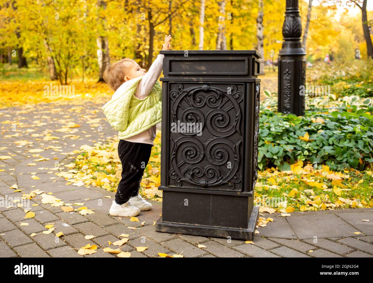 litte toddler throws trash into trash can in autumn park. instilling cultural norms from birth Stock Photo