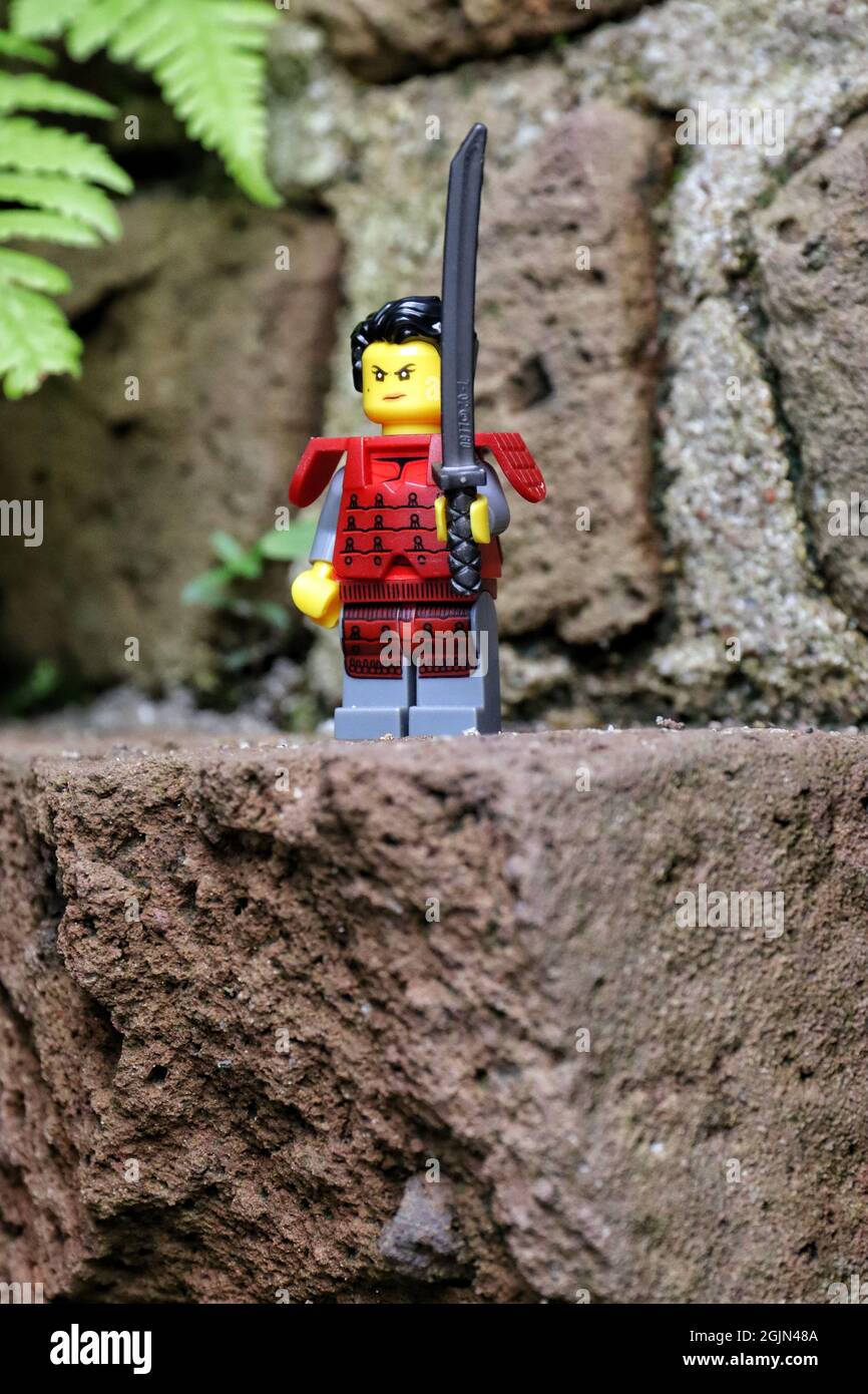 GREENVILLE UNITED STATES Aug 16 2021 A closeup of a Lego minifigure of a samurai warrior on the rock Stock Photo Alamy
