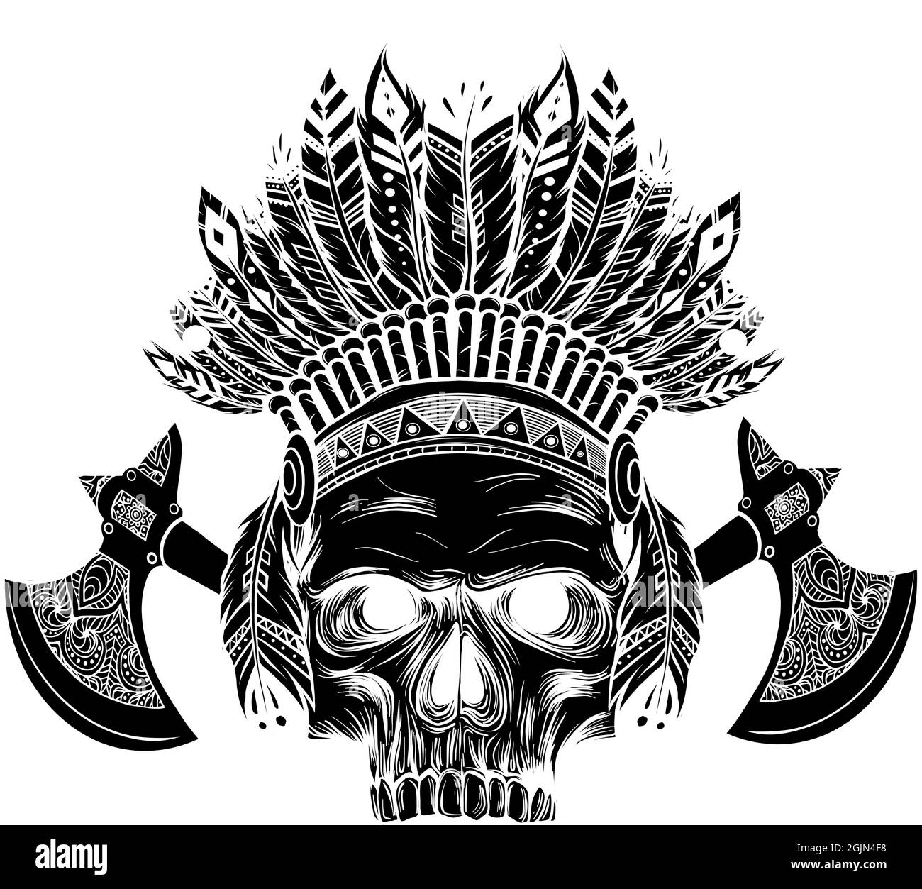 American Indian skull chief with tomahawk ,black on white, vector Stock Vector