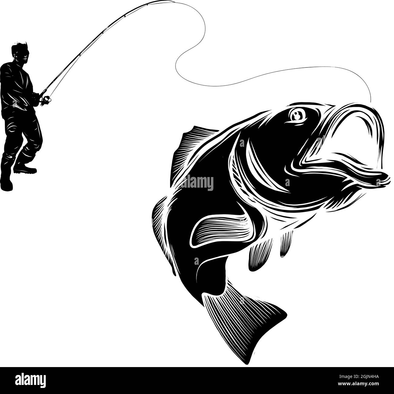 vector illustratio of silhouette Fisherman catching fish Stock Vector