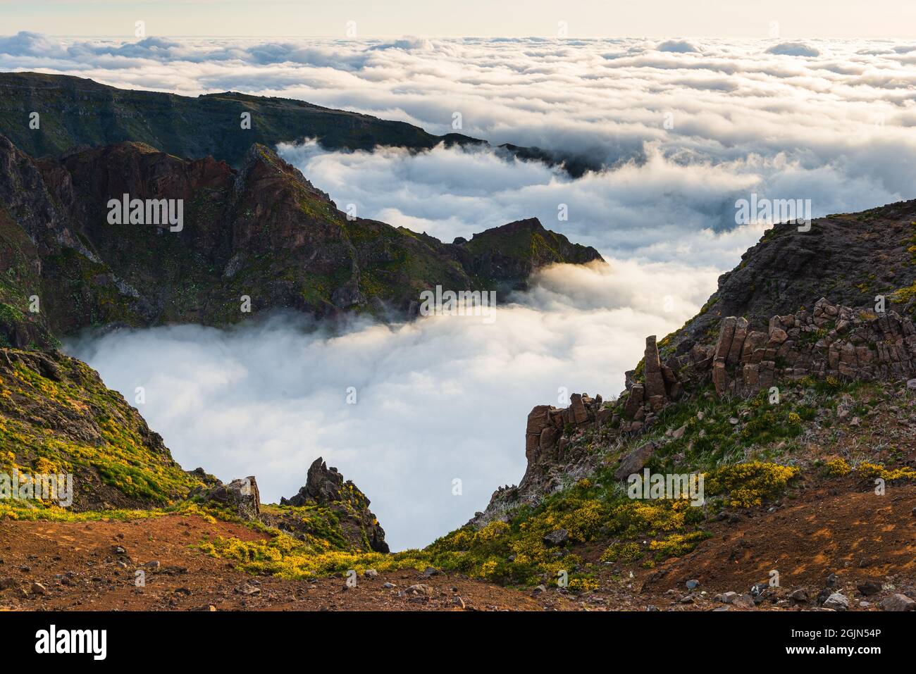 Mountain scenery and cloud filled valley, Madeira. Stock Photo