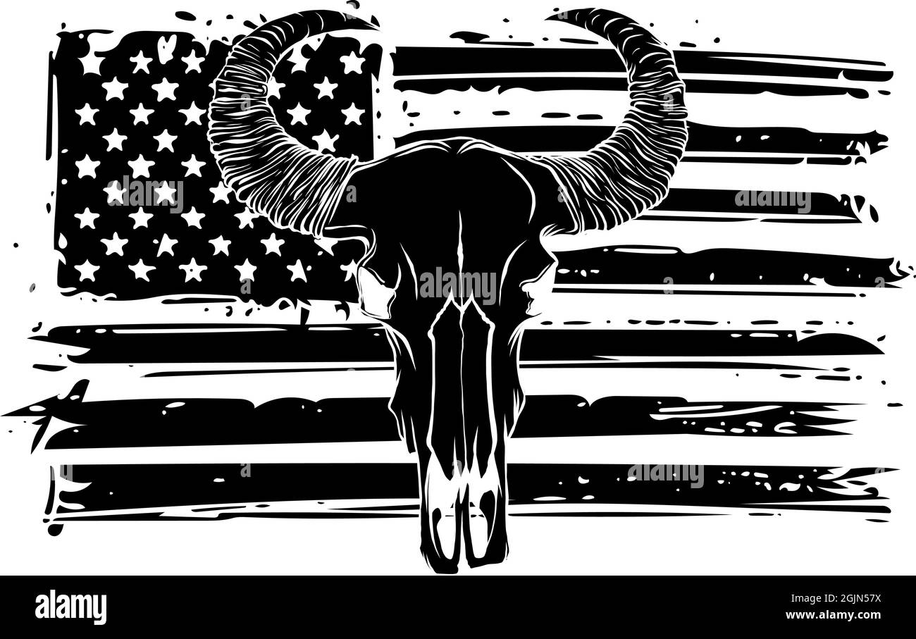 Vector Bull Skull Silhouette with american flag Stock Vector