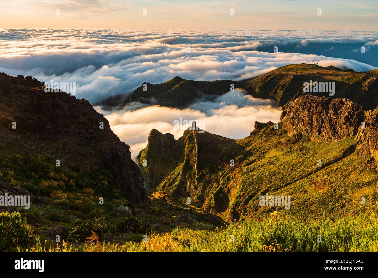 Mountain scenery and cloud filled valley, Madeira. Stock Photo