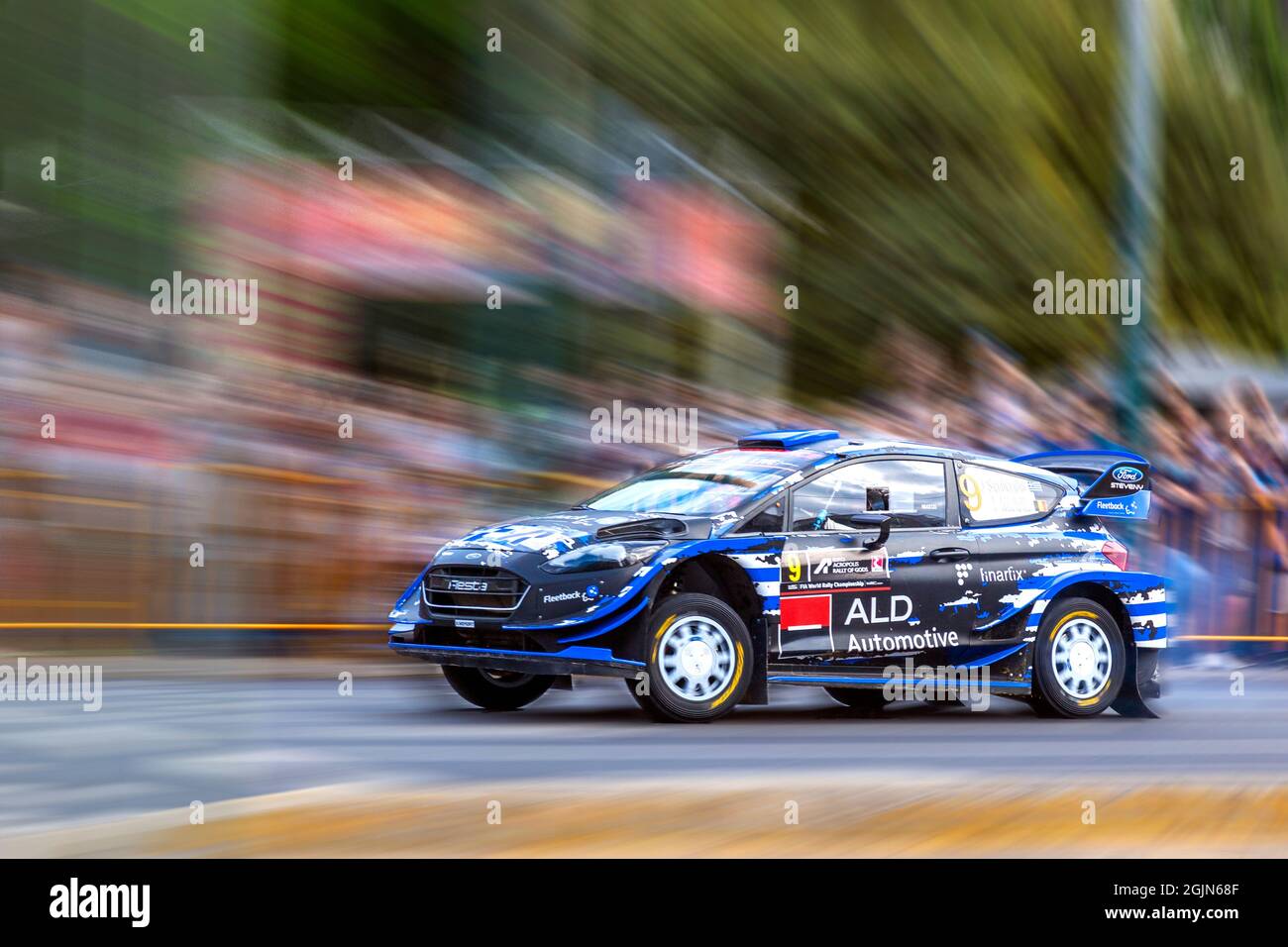 Racing car Ford Fiesta WRC during the first stage of Rally Acropolis 2021, held in Athens, Greece, also called 'The Rally of Gods'. Stock Photo