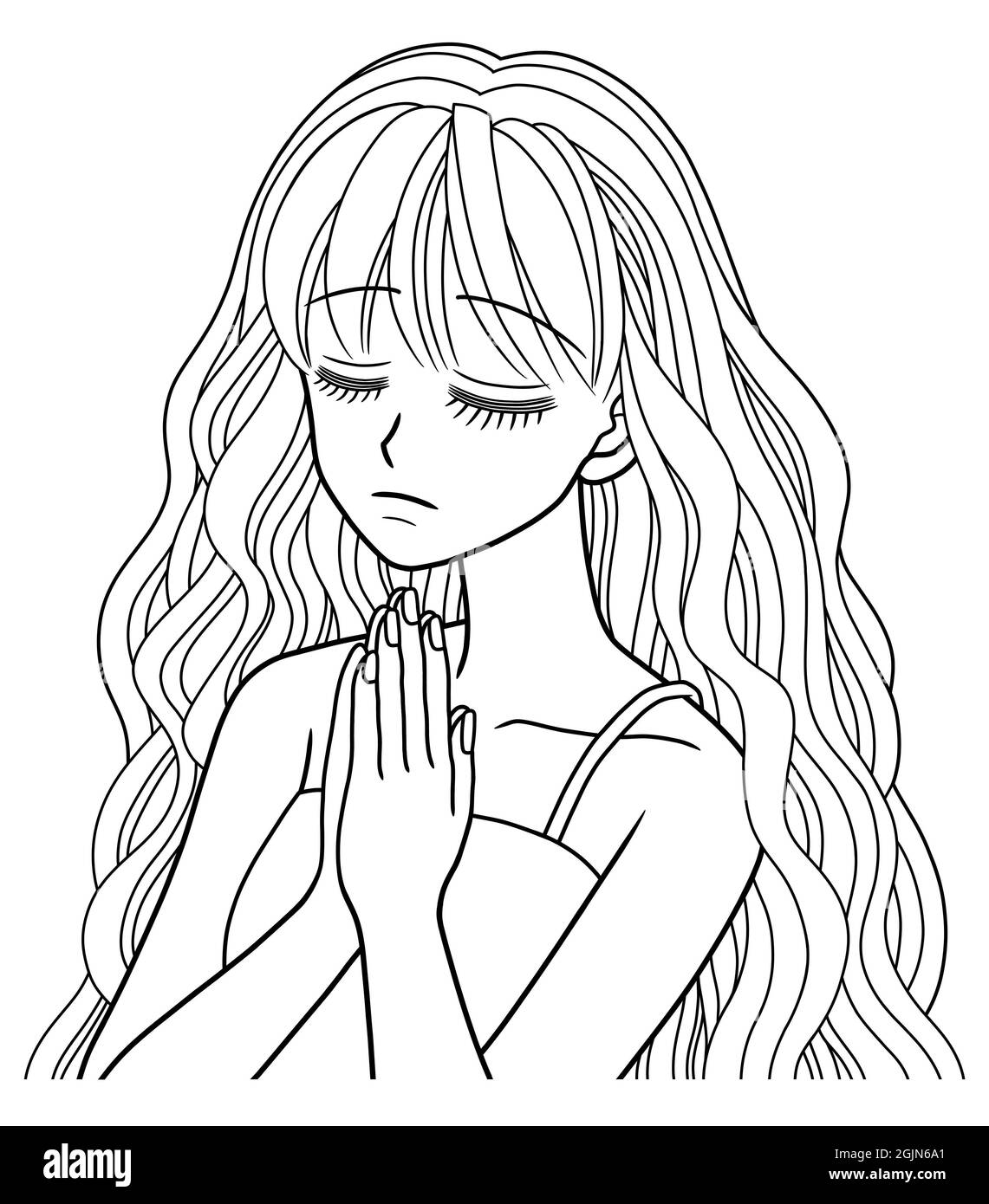 Line drawing of a young woman closing her eyes and holding her hands together in prayer Stock Photo