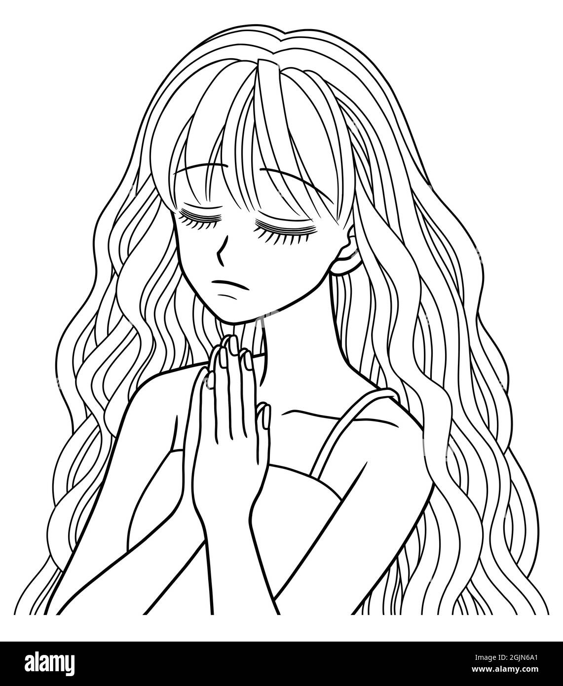Line Drawing Of A Young Woman Closing Her Eyes And Holding Her Hands Together In Prayer Stock Photo Alamy