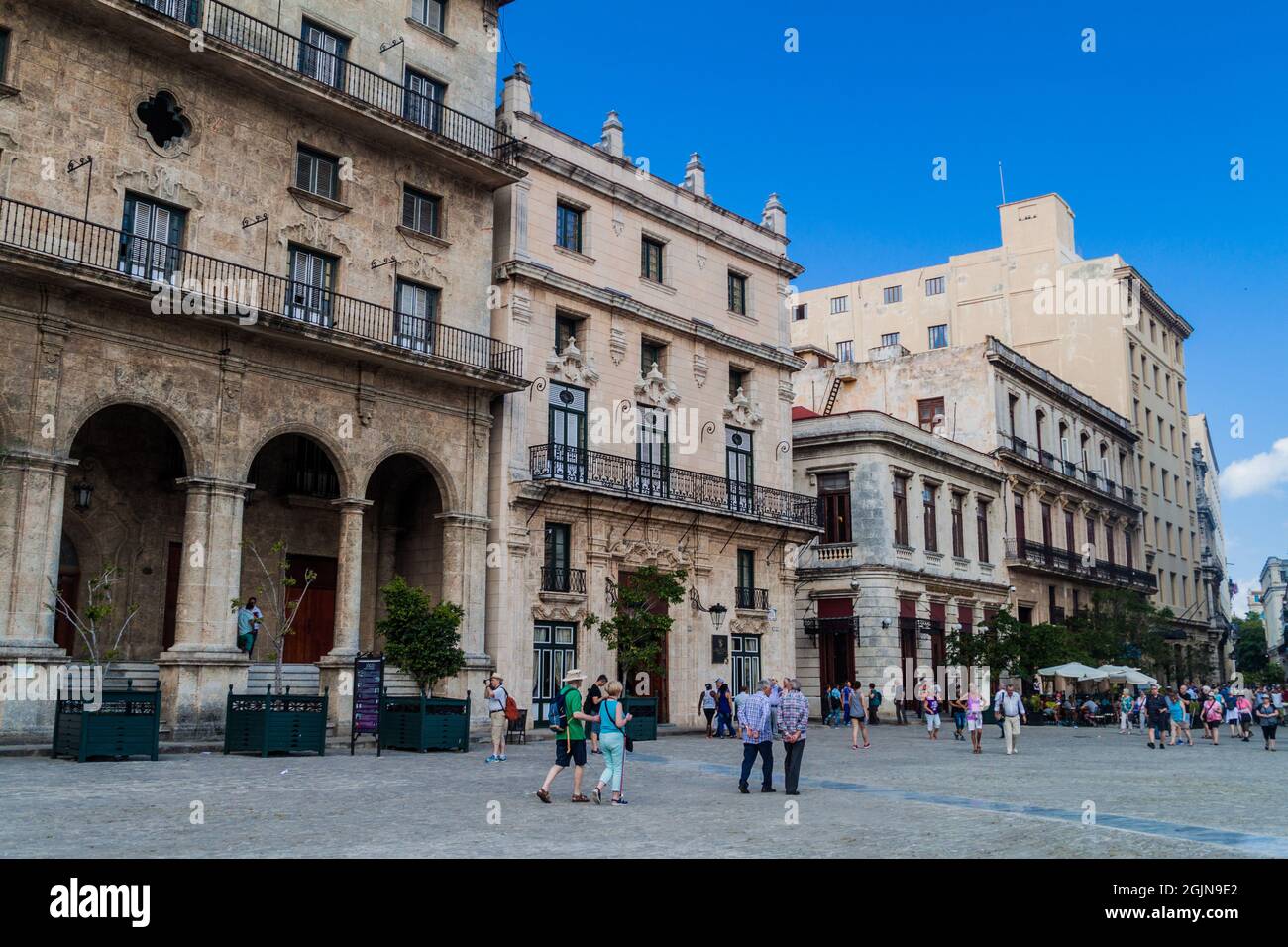 HAVANA, CUBA - FEB 23, 2016: Old colonial buildings on Plaza de San Francisco de Asis square in Habana Vieja. Stock Photo