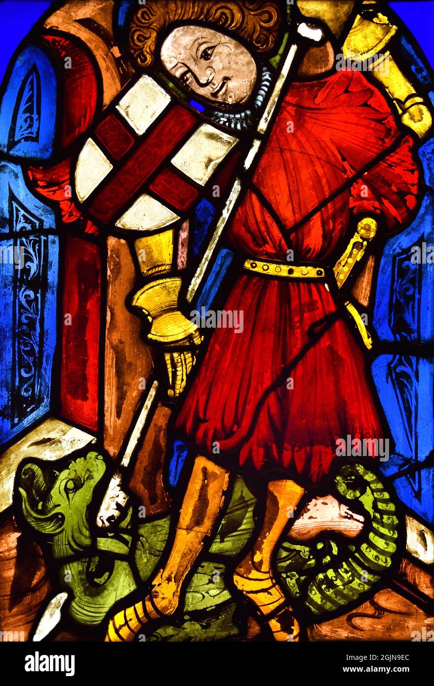 Saint George kills the dragon 1500 Cologne Germany, German, ( Seated on a horse, armed with a lance and with a cross for protection, he fought furiously and wounded the monster. George turned to the king and said he would kill the dragon on the condition that everyone convert to Christianity. ) Stock Photo