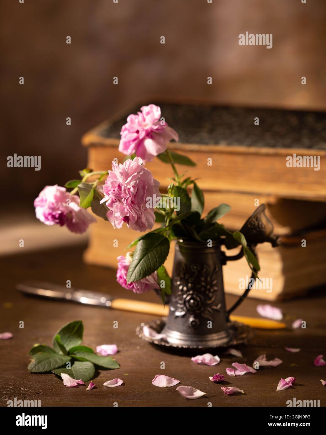 Still life with pink roses and books Stock Photo - Alamy