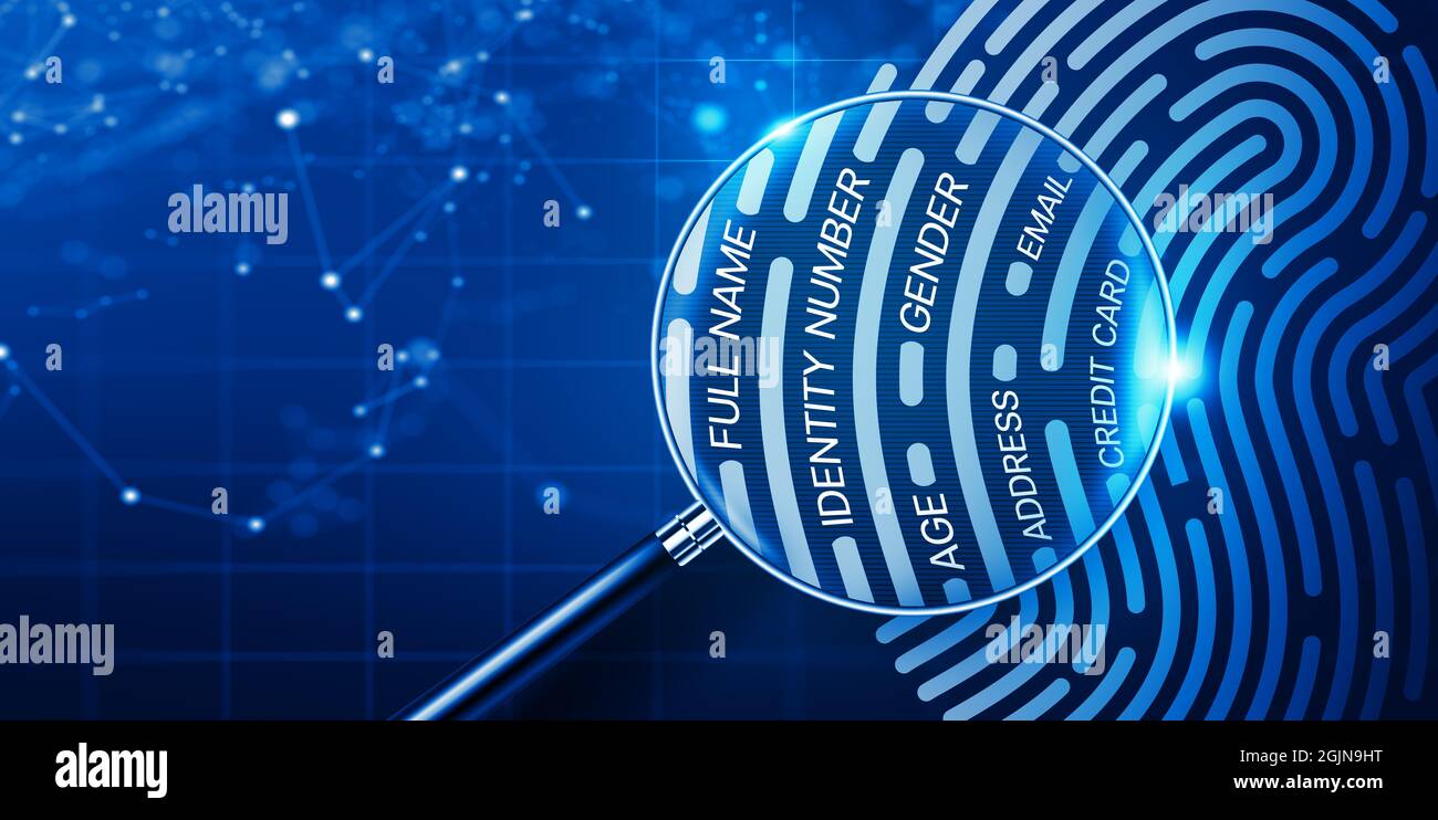 Magnifying glass and Fingerprint with personal information. Fingerprint digital technology, Digital verification access, and Biometrics authentication Stock Photo