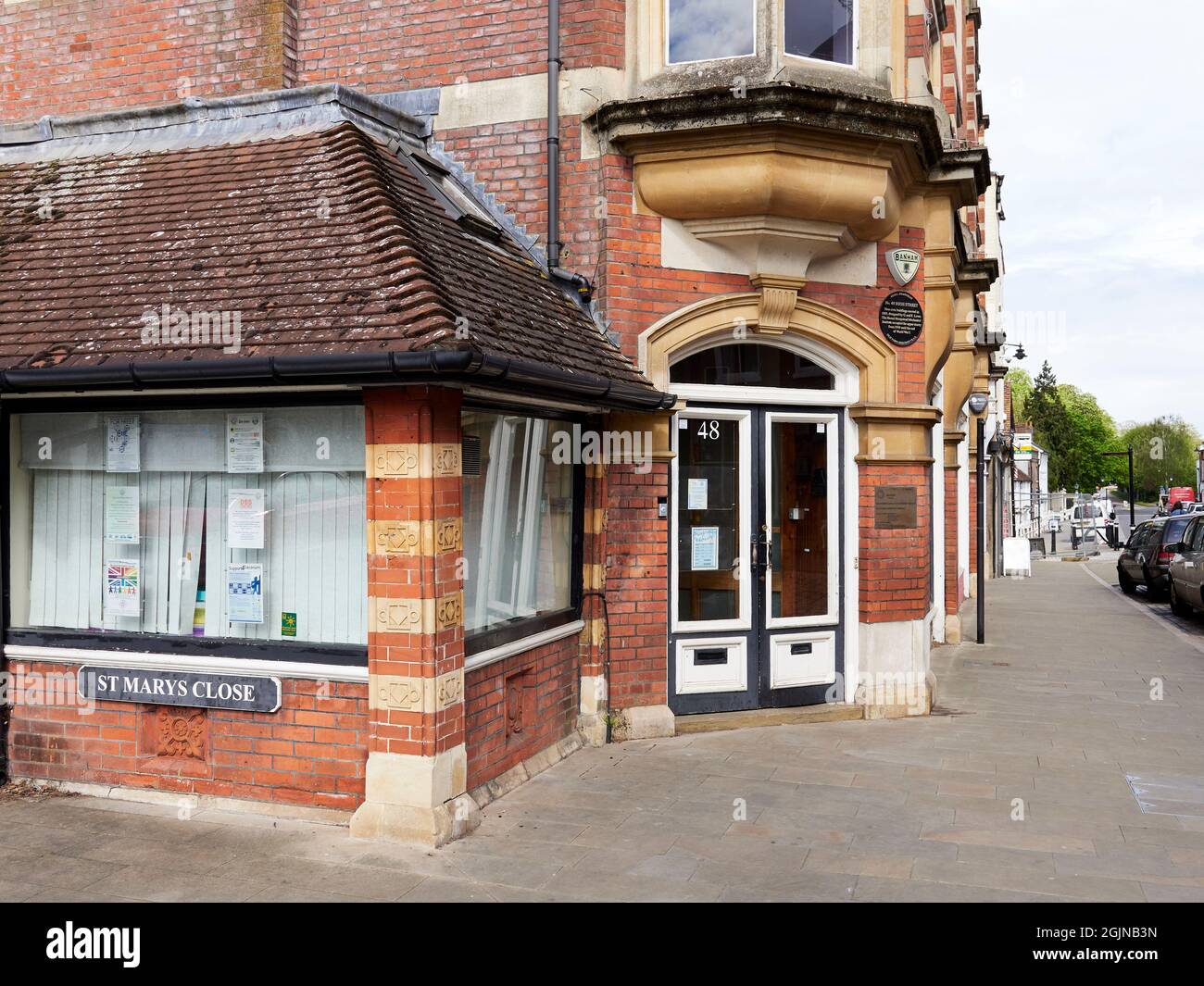 The Tambury Gazette and associated buildings in fictional village of Tambury for the Netflix hit-series After Life, starring Ricky Gervais. Stock Photo