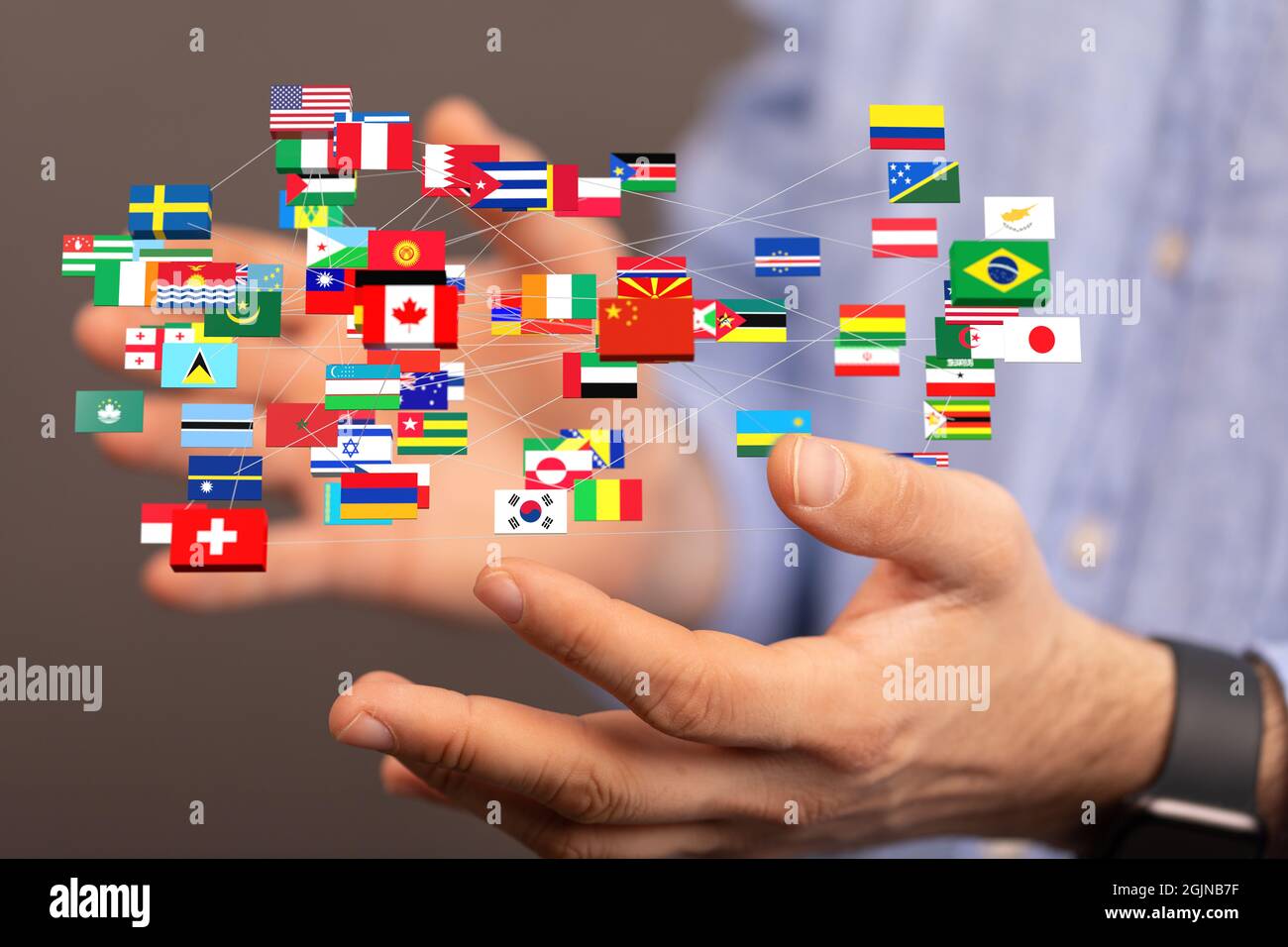 3D render of national flags of the world, Global communication and ...