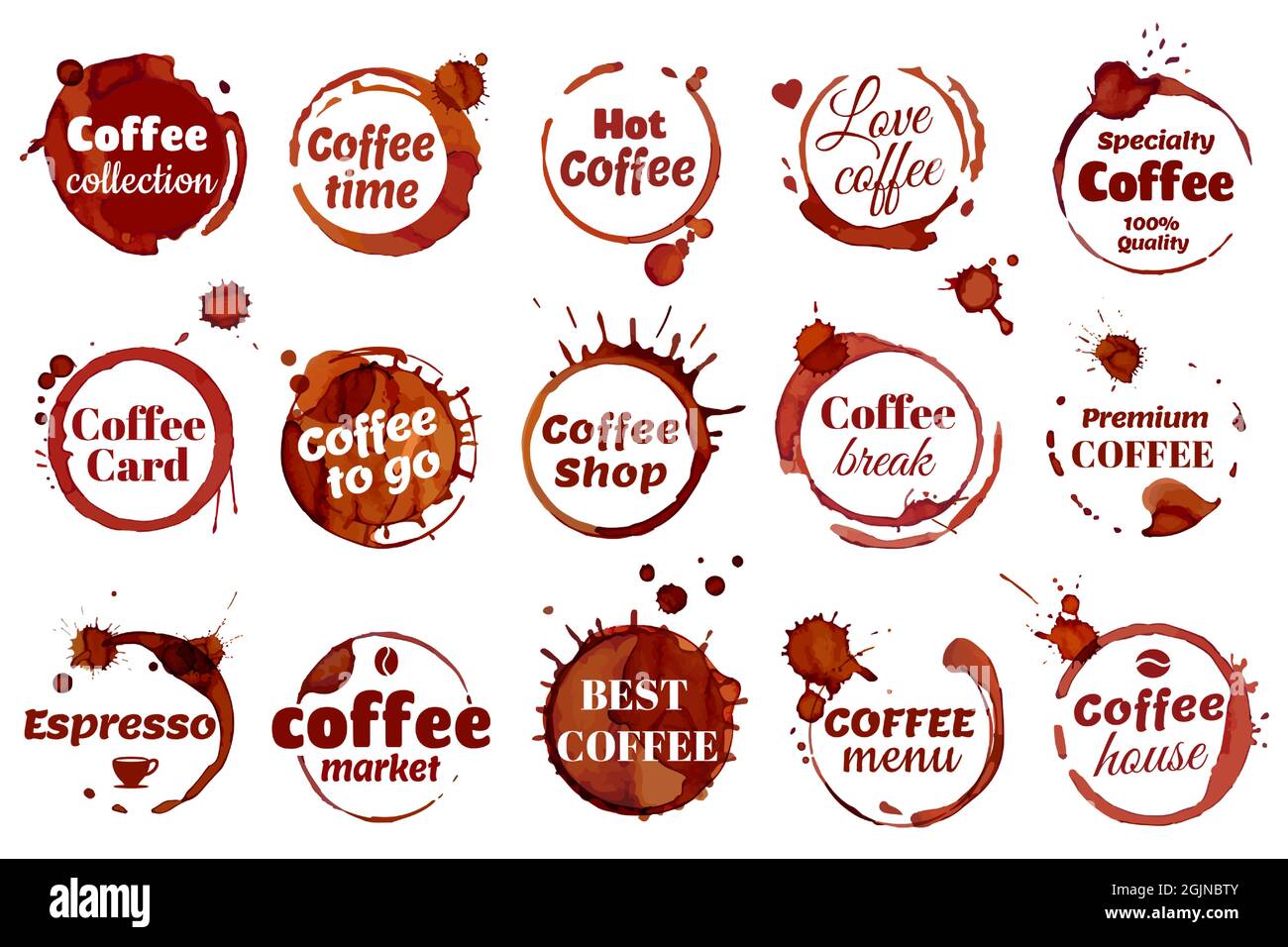 Coffee stain ring label, coffee shop cafe logo. Premium quality emblem,  dirty cup circle stains badge, spilled espresso stains vector set. Beverage  logotype elements for cafe, restaurant Stock Vector Image & Art -