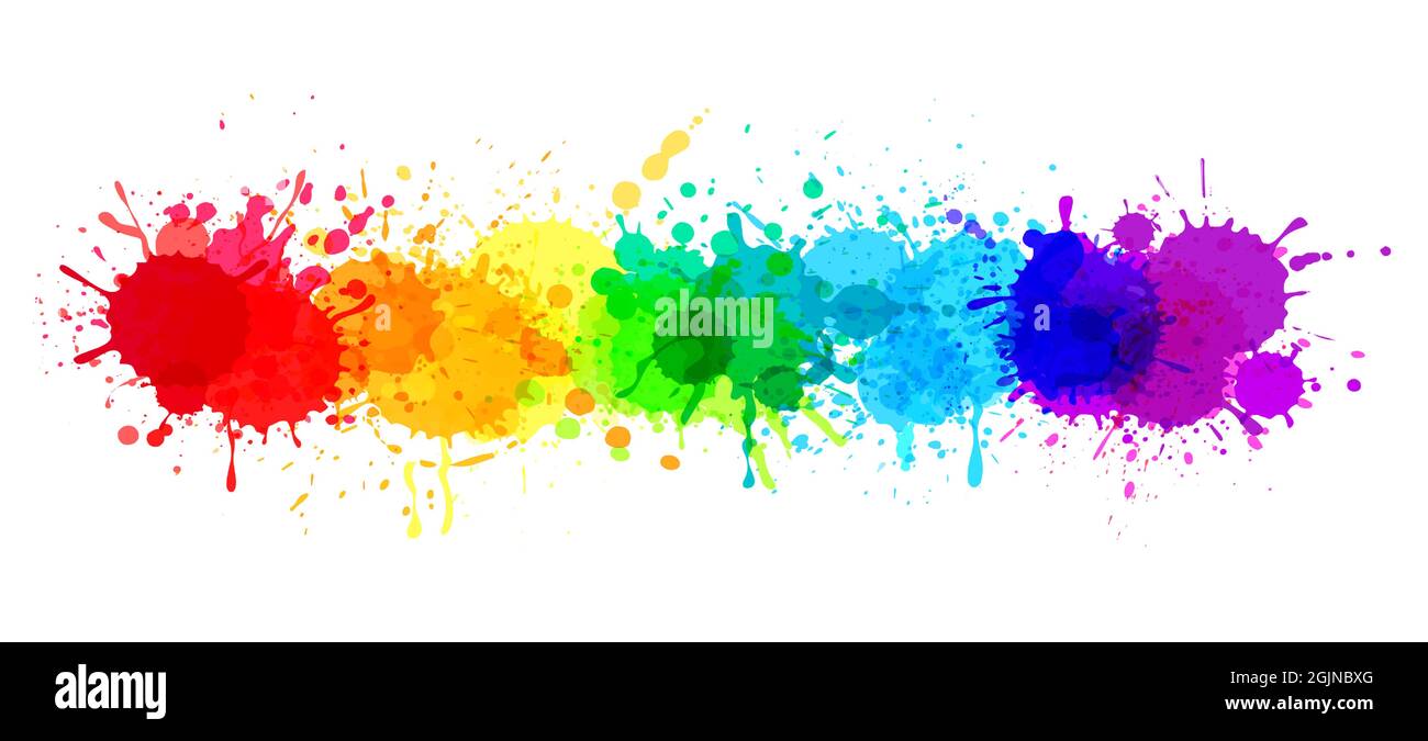 Paint splatter banner, rainbow watercolor paint stains. Colorful splattered spray paints, abstract color ink explosion vector background. Beautiful bright spot design, festive splashes Stock Vector