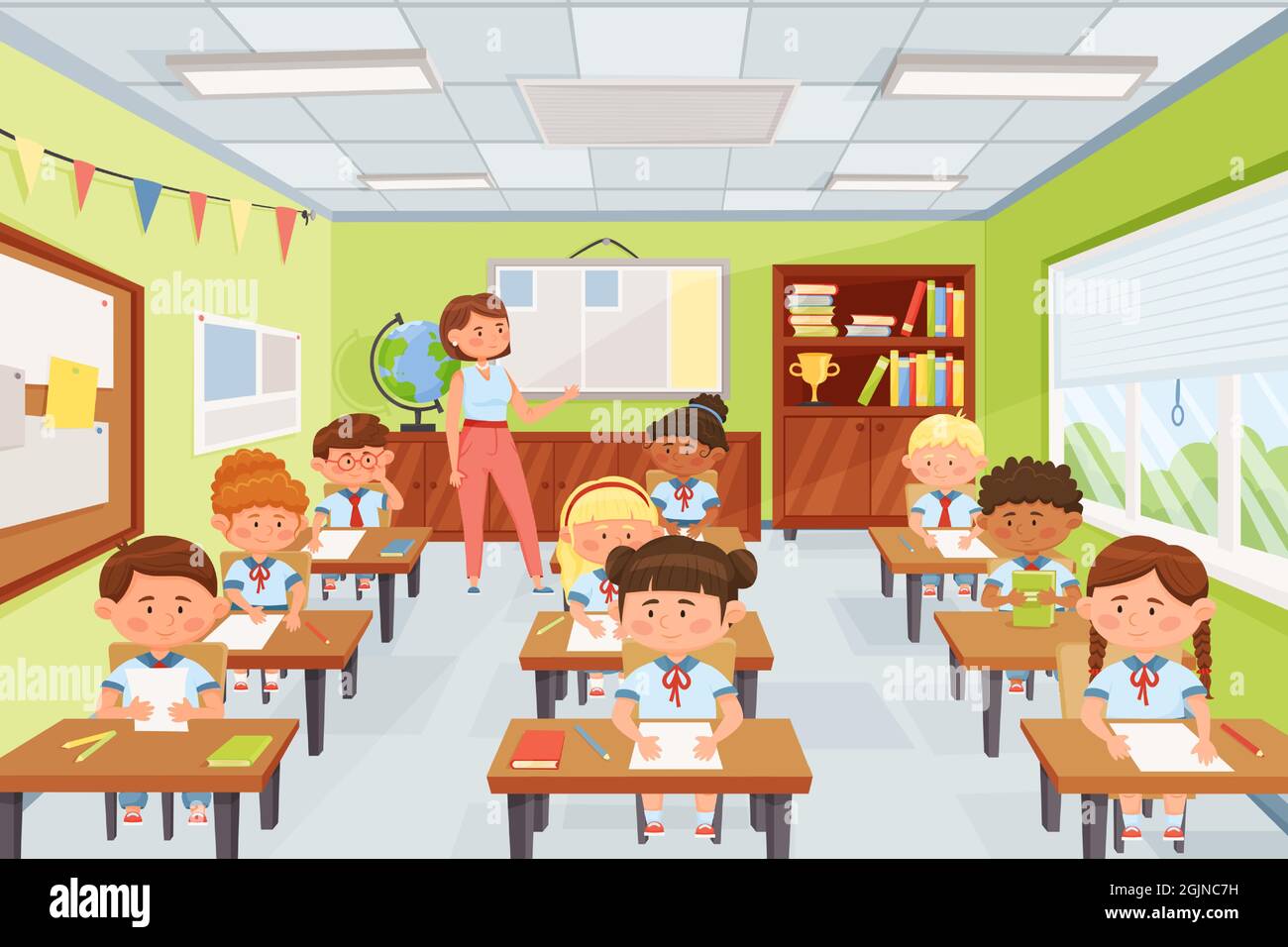 Cartoon teacher with pupils, school kids sitting at desks in classroom.  Elementary school children studying in class vector illustration. Children  having geography test or exam, getting knowledge Stock Vector Image & Art -