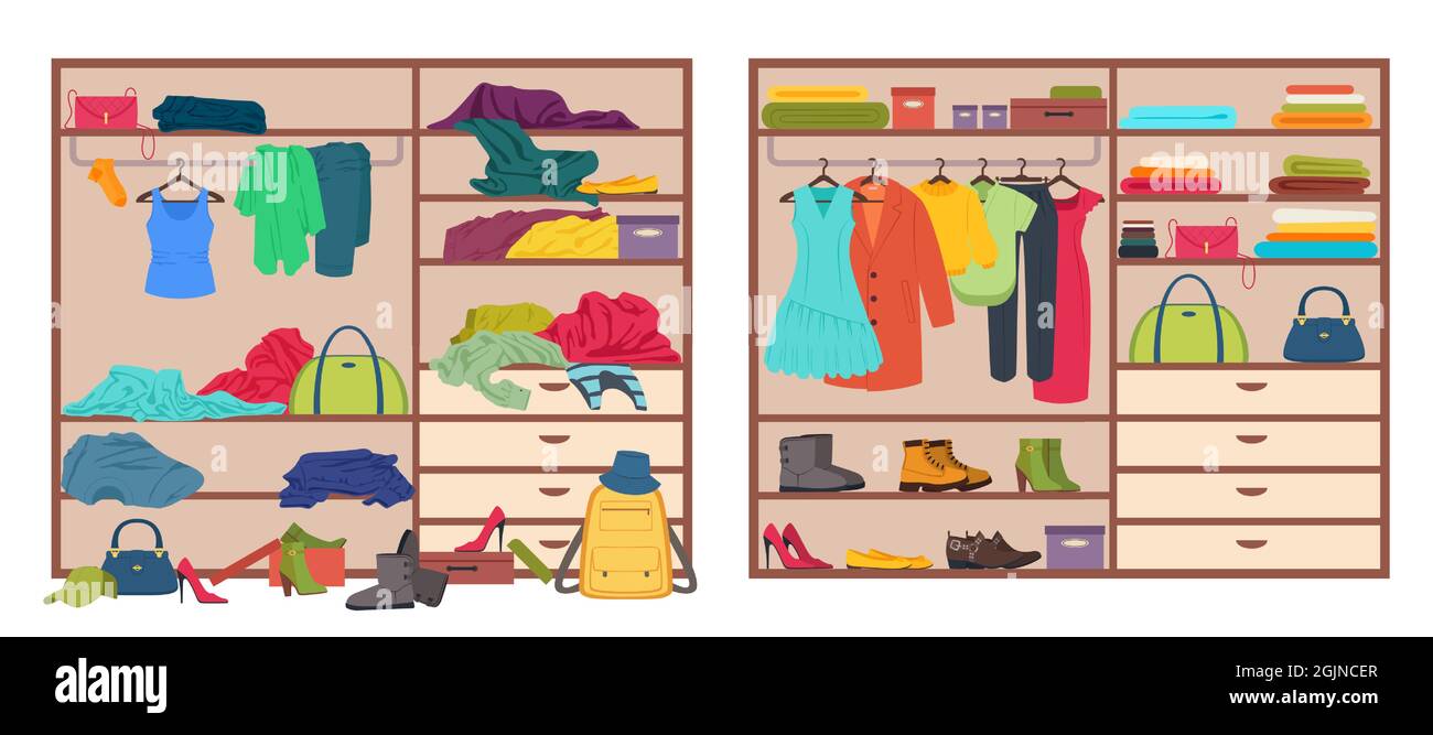 Messy wardrobe, open closet before and after organizing clothes. Tidy or untidy wardrobe, clothing declutter and organization vector illustration. Arranged and scattered outfits and accessories Stock Vector