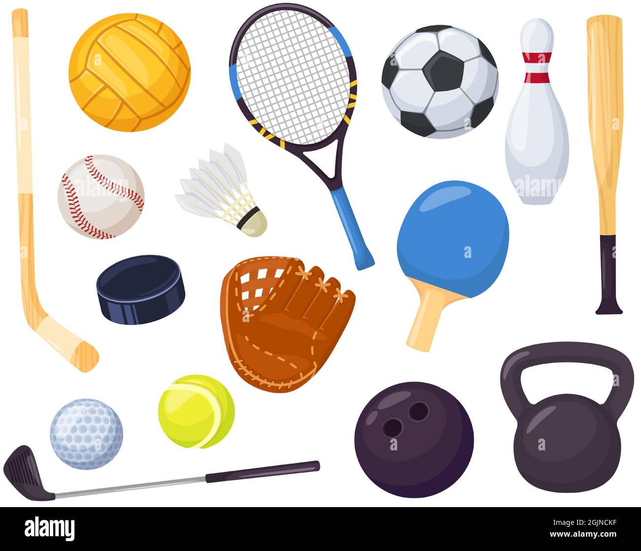 Cartoon sports equipment, different ball games elements. Baseball bat,  bowling pin, hockey stick. Sport recreation activity item vector set. Hobby  tools for tournament or competition Stock Vector Image & Art - Alamy