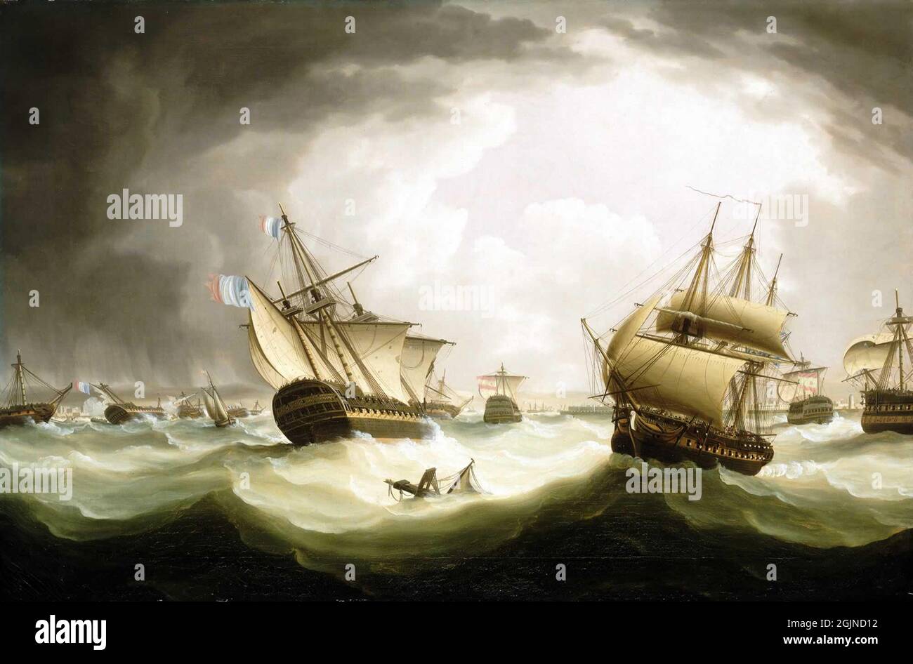 Ships in the gale after The Battle of Trafalgar, in which the French Navy was destroyed. Painting by Thomas Buttersworth Stock Photo