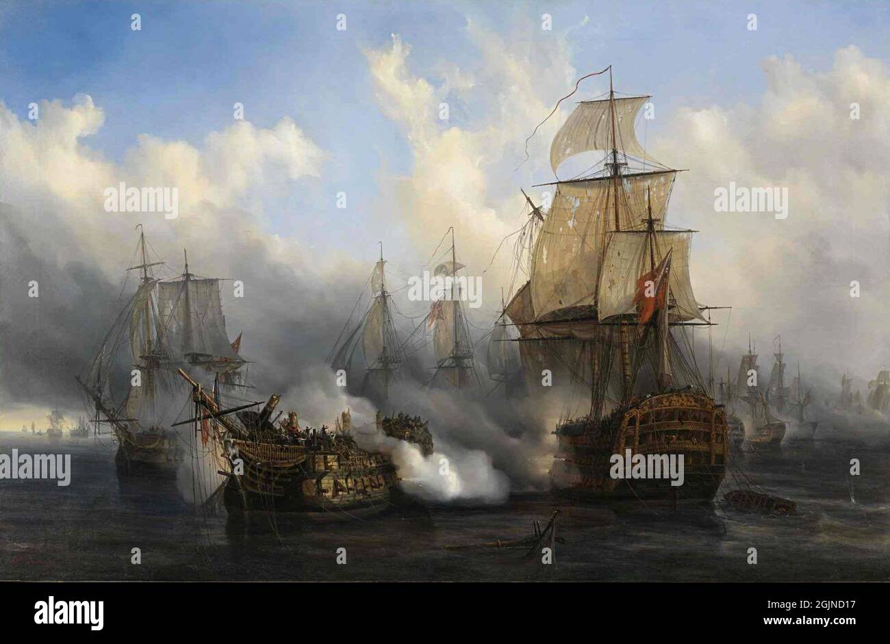 Scenes from The Battle of Trafalgar, in which the French Navy was destroyed. HMS Sandwich fighting the French flagship Bucentaure (completely dismasted). Bucentaure is also fighting HMS Temeraire (on the left) and being fired into by HMS Victory (behind her). Painting by Auguste Mayer Stock Photo