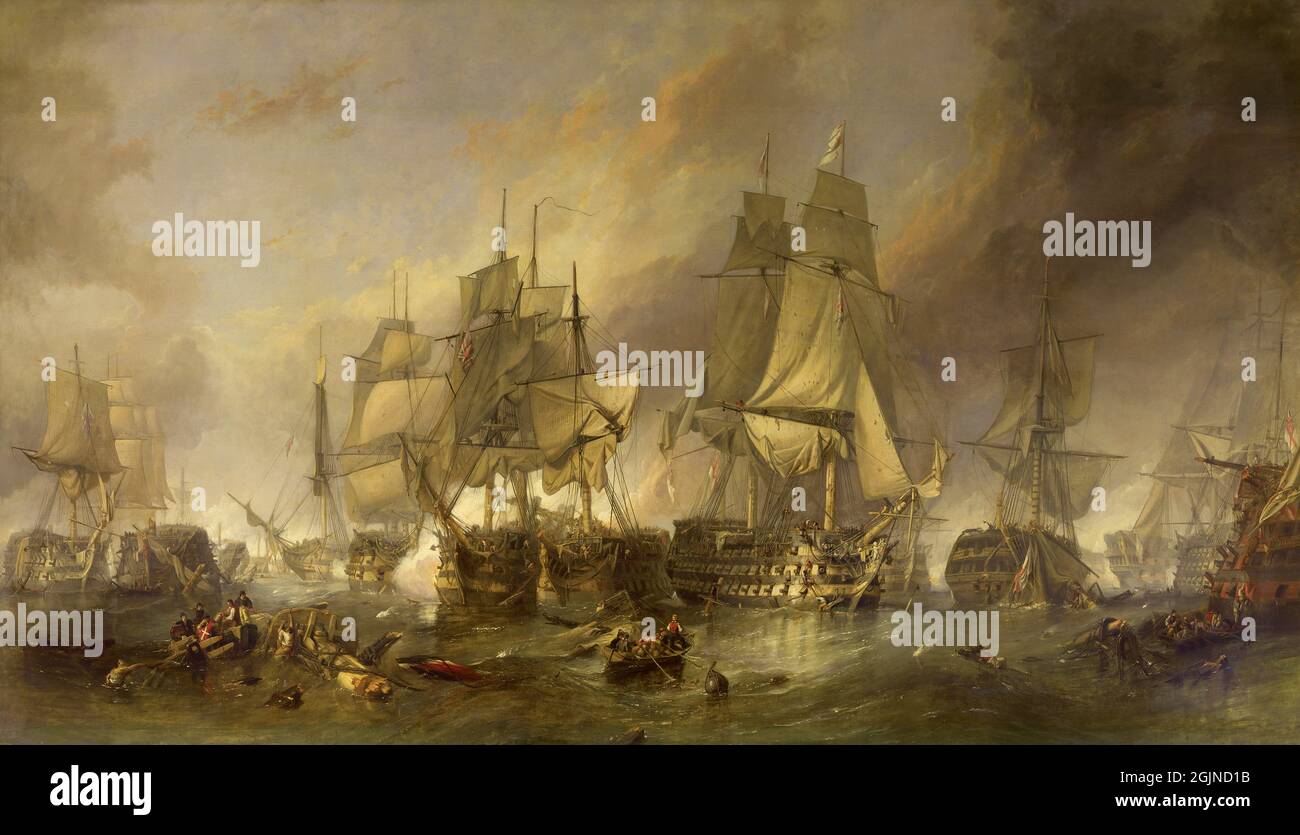 Scenes from The Battle of Trafalgar, in which the French Navy was destroyed. Painting by William Clarkson Stanfield Stock Photo