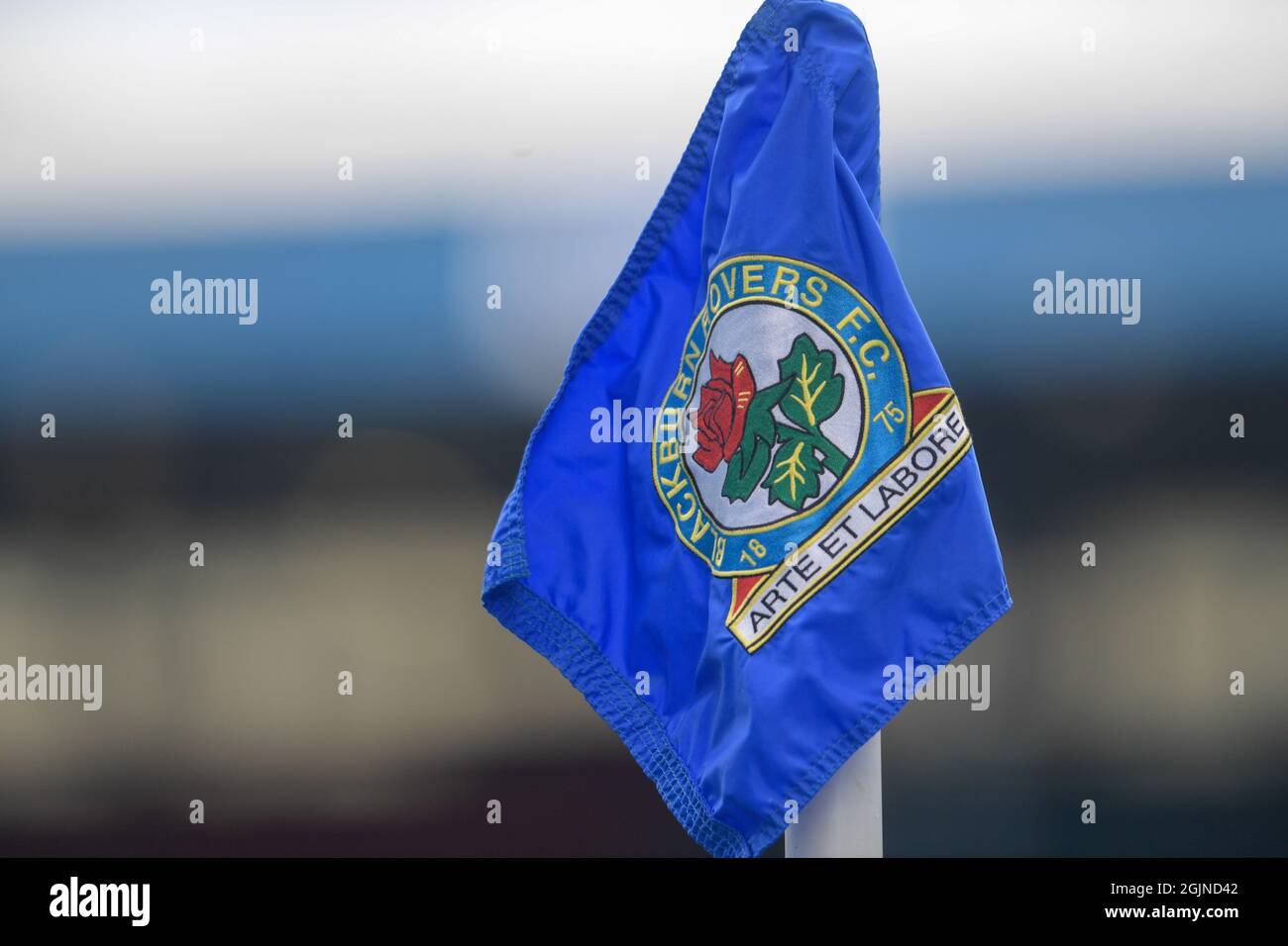 The corner flag at Ewood Park, the home of Blackburn Rovers Stock Photo