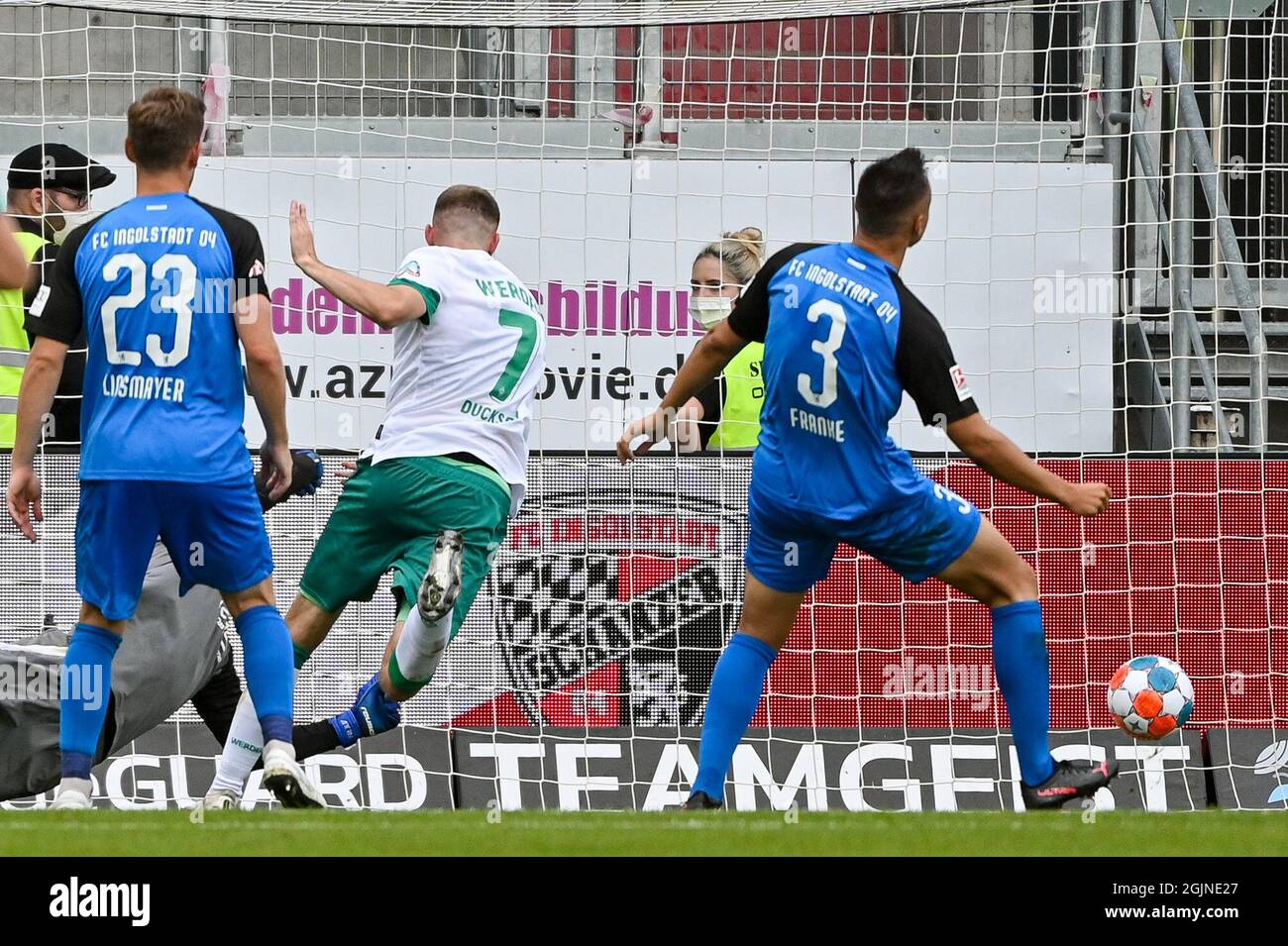 Ingolstadt, Germany. 11th Sep, 2021. Football: 2. Bundesliga, FC Ingolstadt 04 - Werder Bremen, Matchday 6, Audi Sportpark. Bremen's Marvin Ducksch (centre) scores to make it 0:3 against Ingolstadt. Credit: Armin Weigel/dpa - IMPORTANT NOTE: In accordance with the regulations of the DFL Deutsche Fußball Liga and/or the DFB Deutscher Fußball-Bund, it is prohibited to use or have used photographs taken in the stadium and/or of the match in the form of sequence pictures and/or video-like photo series./dpa/Alamy Live News Stock Photo