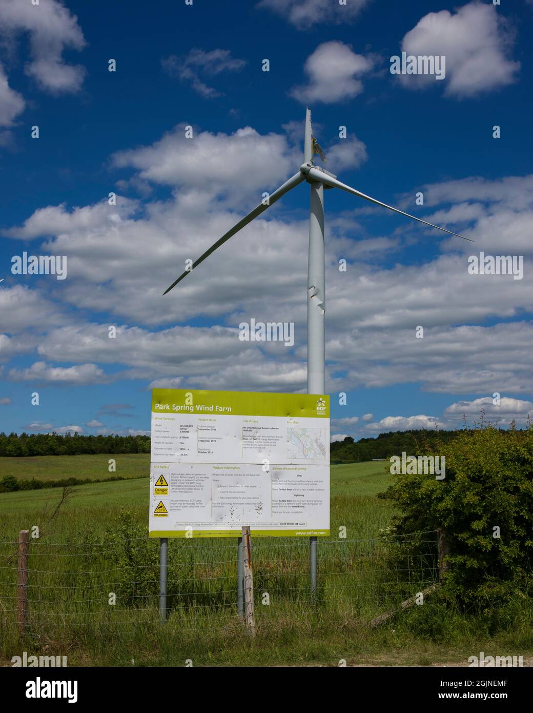 Broken wind turbine at EDF Energy’s Park Spring Wind Farm, near