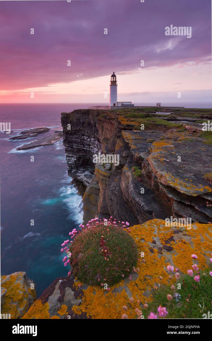 Noup Head cliffs and lighthouse, Orkney Isles Stock Photo
