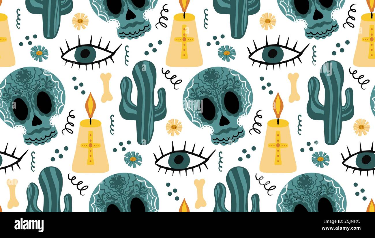 Day of the dead seamless pattern. Dia de los Muertos hand drawing repeating  texture. Mexican holiday Halloween with sugar skulls background wallpaper  Stock Vector Image & Art - Alamy