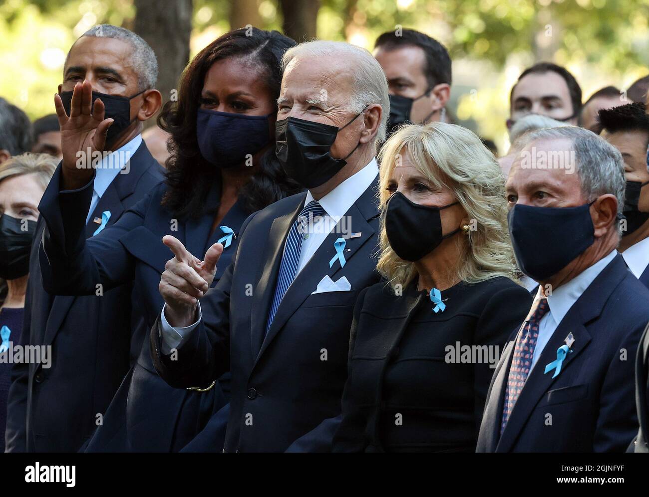 New York, USA. 11th Sep, 2021. Former President Barack Obama, former First Lady Michelle Obama, President Joe Biden, First Lady Jill Biden, and former New York City Mayor Michael Bloomberg (left to right) attend the 20th anniversary ceremony of the September 11 terror attacks at the National 9/11 Memorial and Museum in New York City, N.Y., on September 11, 2021. Pool photo by Chip Somodevilla/UPI Credit: UPI/Alamy Live News Stock Photo