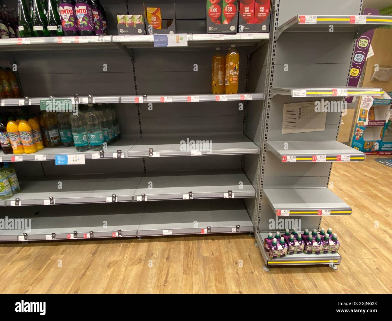 London, UK - 22.09.2021 : Empty COOP supermarket shelves during HGV driver shortage, a common uk problem post Brexit Stock Photo