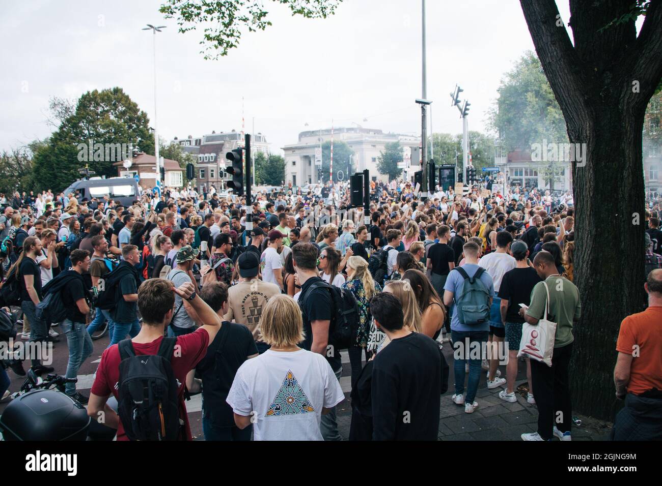 Amsterdam, The Netherlands - September 11 2021, anti Covid demonstration: youth protesting against government corona measures with festival Stock Photo