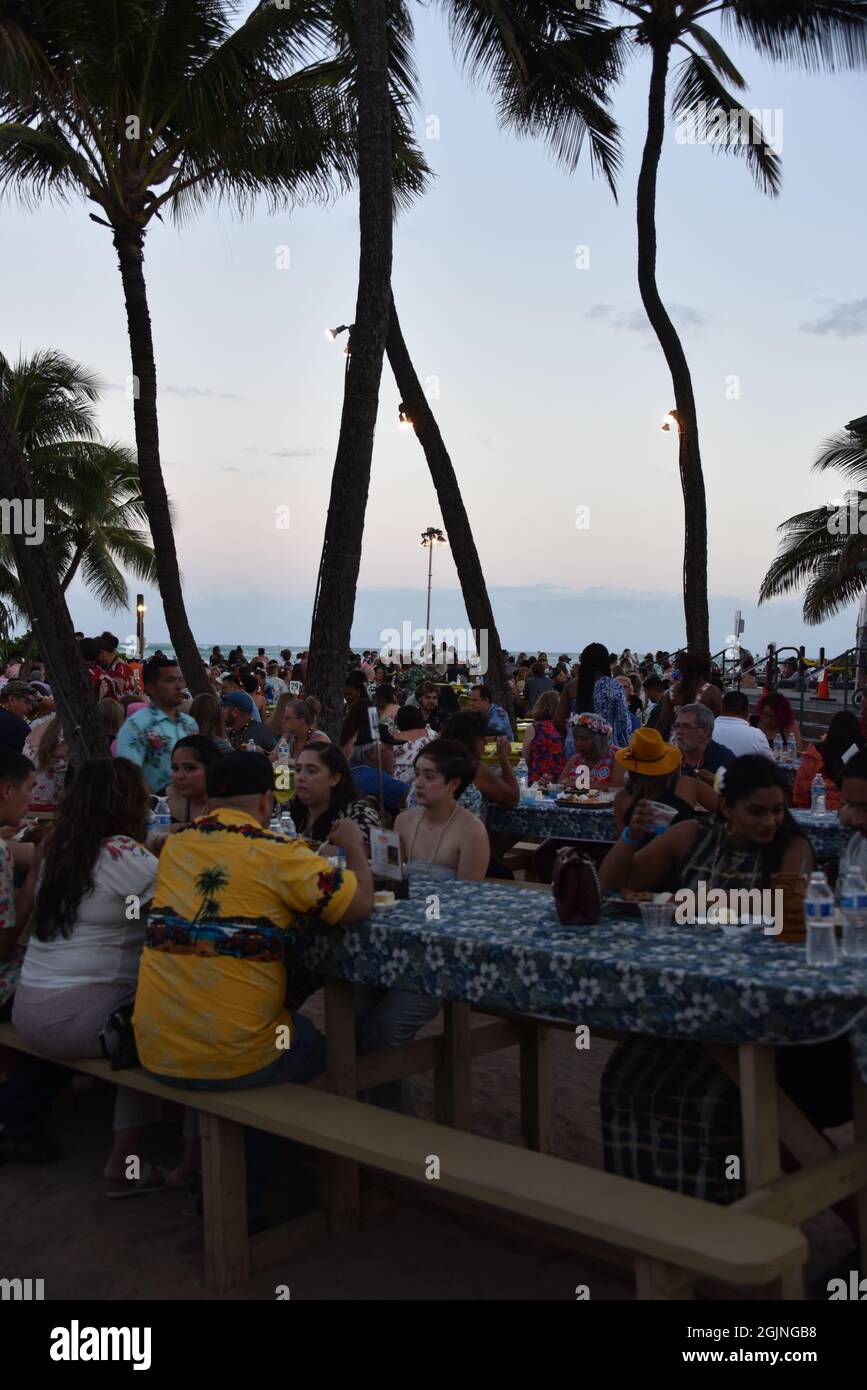 Oahu HI U.S.A. 6/6/2021. Germaine’s Luau.  Fine Polynesian dining, spirits and wine, beautiful beach and wonderful entertainment. Stock Photo