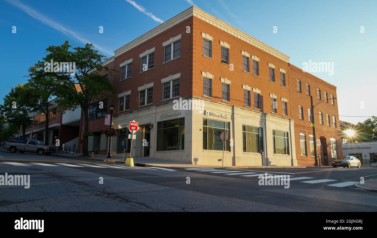 GREENWICH, CT, USA - SEPTEMBER 11, 2021: Citizens Bank on Greenwich Avenue with morning light and sun rays Stock Photo