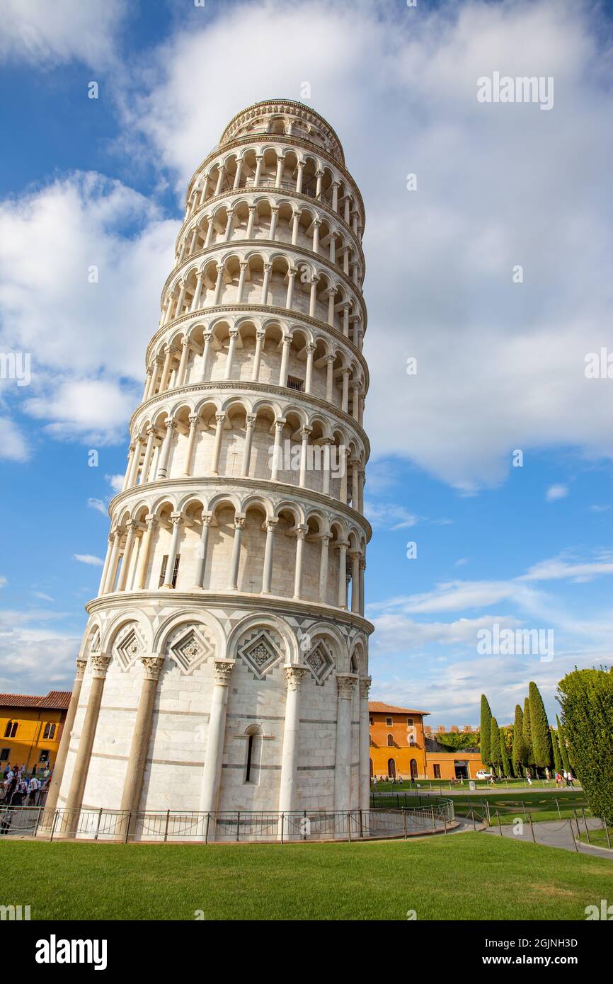 The Leaning Tower of Pisa in Cathedral Square, Italy.  One of the most famous landmarks in the World Stock Photo