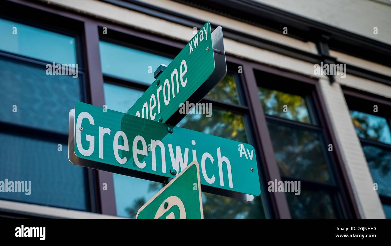 GREENWICH, CT, USA SEPTEMBER 11, 2021 Street sign on Greenwich Avenue with morning light