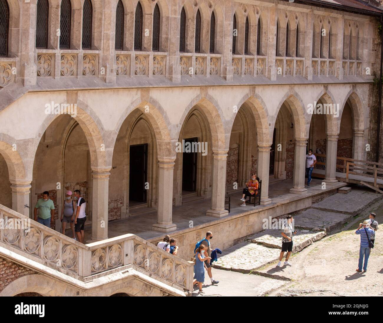 HUNEDOARA, ROMANIA - Aug 06, 2021: The inner courtyard of Corvin Castle ...