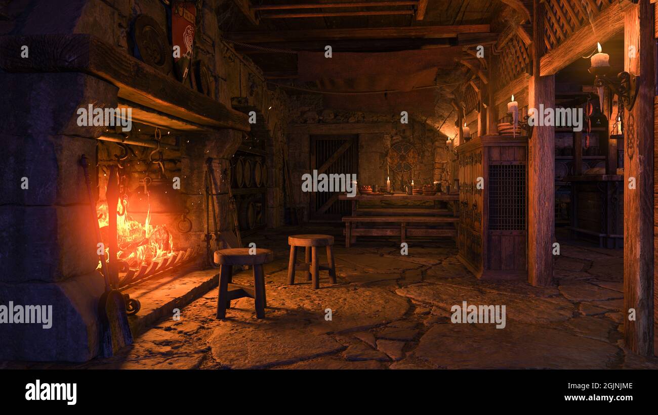 Interior of a medieval tavern lit by candle light and a fire burning in the fireplace. 3D